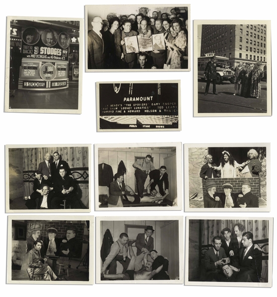 Lot of 10 Photos From the 1930s -- Mostly 5 x 4 Candid & Publicity Shots Including Moe, Larry & Curly in Drag, Stopping Traffic & Goofing Around -- Very Good Condition